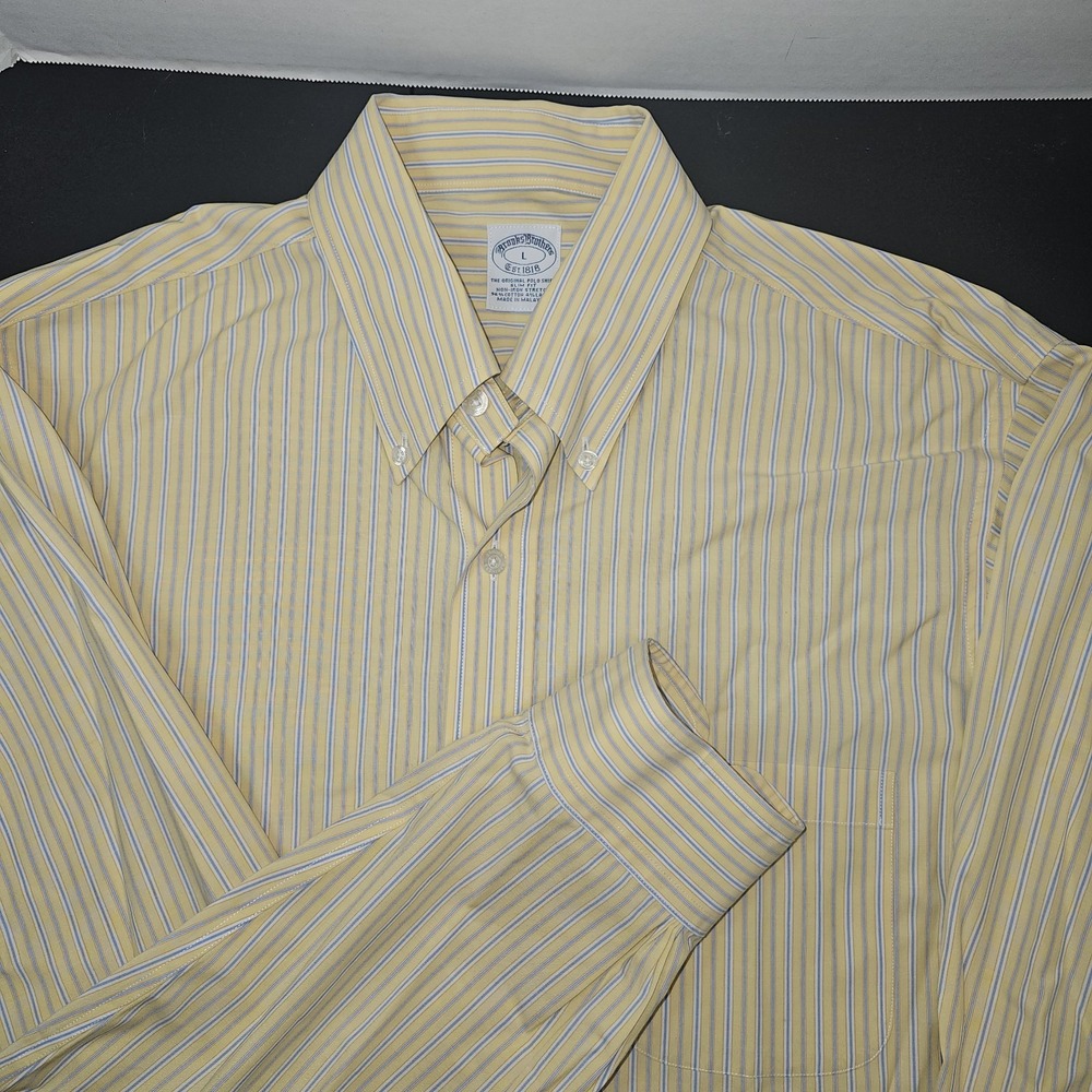 Brooks Brothers Yellow Long Sleeve Shirt Fitted Non-Iron Stretch Mens Large